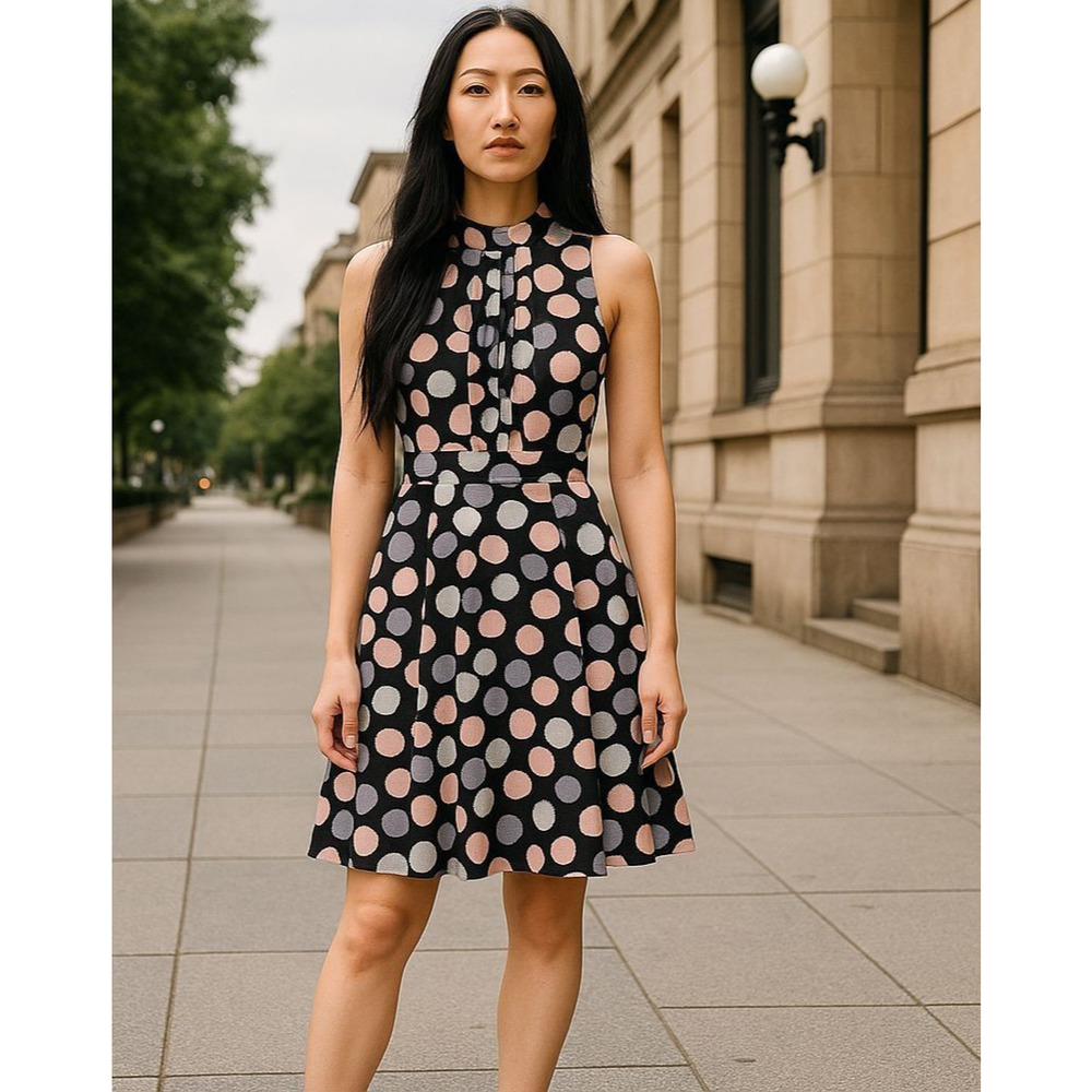 Voir Voir Dress Pleated Back Neck Tie Women 12 Multicolor Circle Print Black
